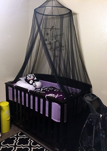 Purple and black punk rock baby crib bedding set for a baby girl