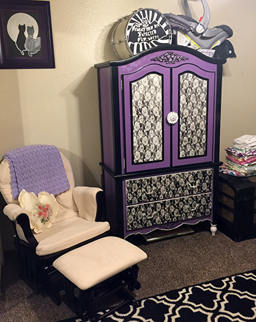 DIY purple and black baby nursery armoire reclaimed nursery furniture