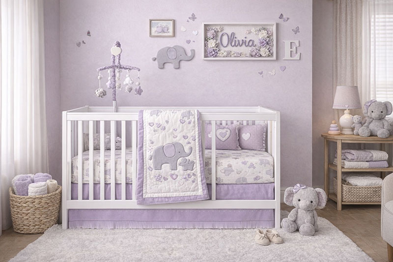 lavender and purple elephant theme baby nursery crib bedding theme decorating ideas gender neutral