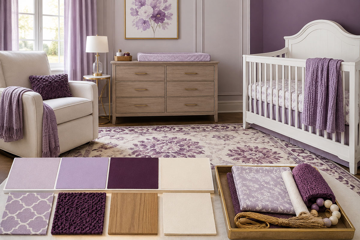 Purple nursery color scheme ideas with lavender lilac plum warm white and natural wood samples beside nursery furnishings