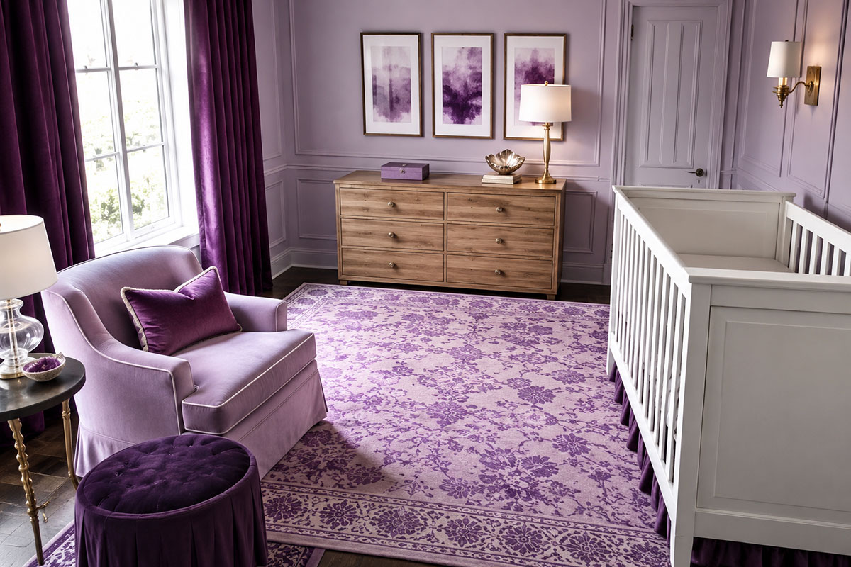 Purple nursery decor with a patterned lavender rug plum curtains natural wood dresser and simple purple framed artwork outside the crib