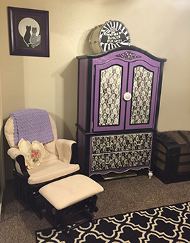 DIY purple nursery baby armoire painted in purple black and white