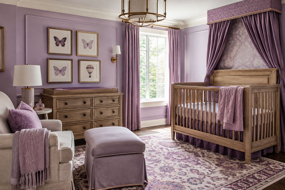 Purple nursery theme ideas shown in an editorial room with lavender butterfly art plum accents natural wood furniture and a subtle hot air balloon detail