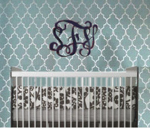 Painted quatrefoil pattern wallpaper in blue and metallic silver paint created with a stencil