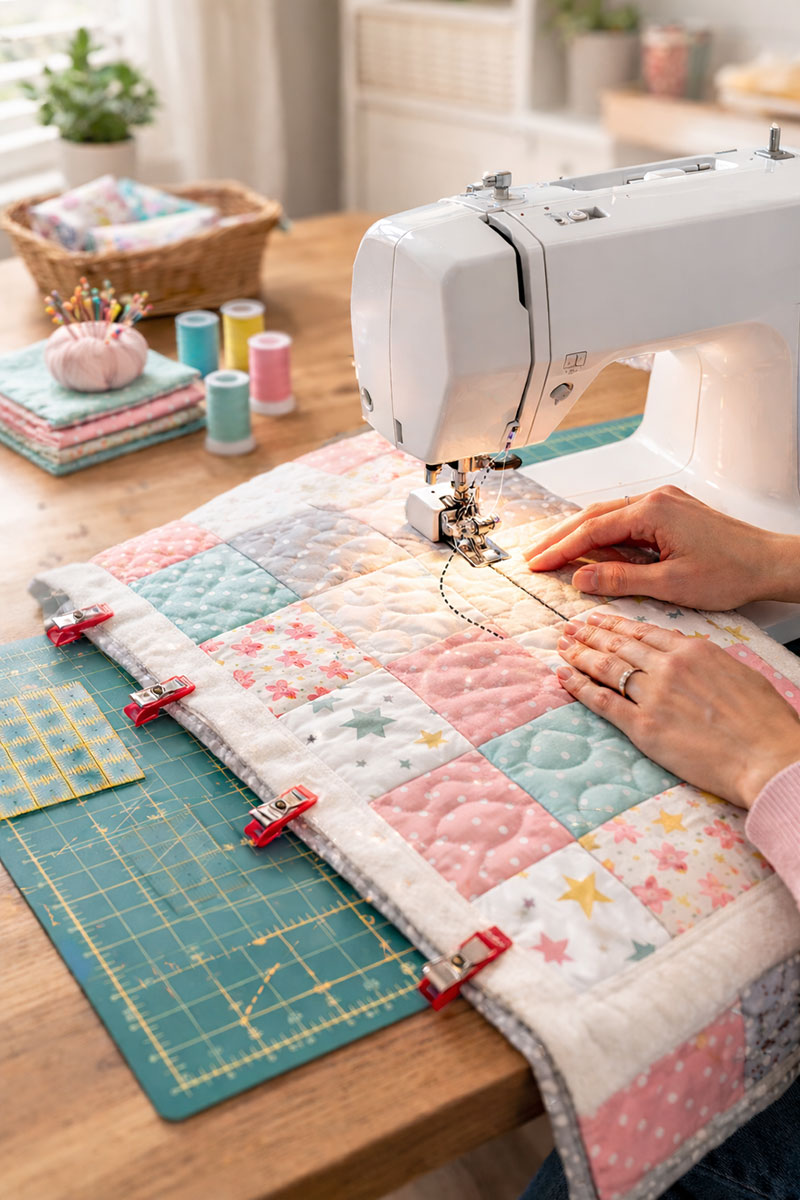 Quilting a crib-size baby quilt on a home sewing machine with even feed foot