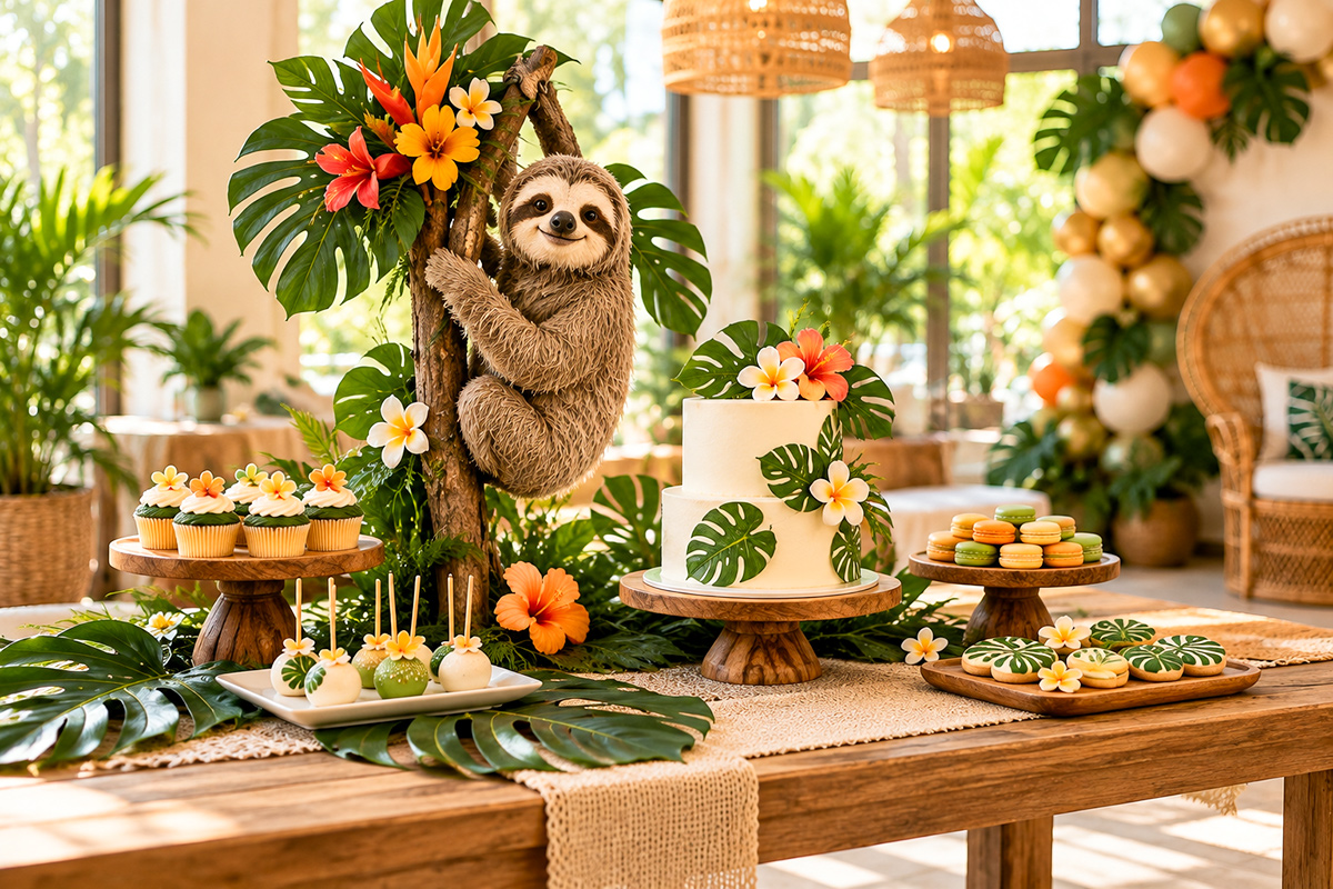 Elegant rainforest baby shower dessert table with tropical foliage toucan sloth orchids botanical cake and colorful tropical party sweets