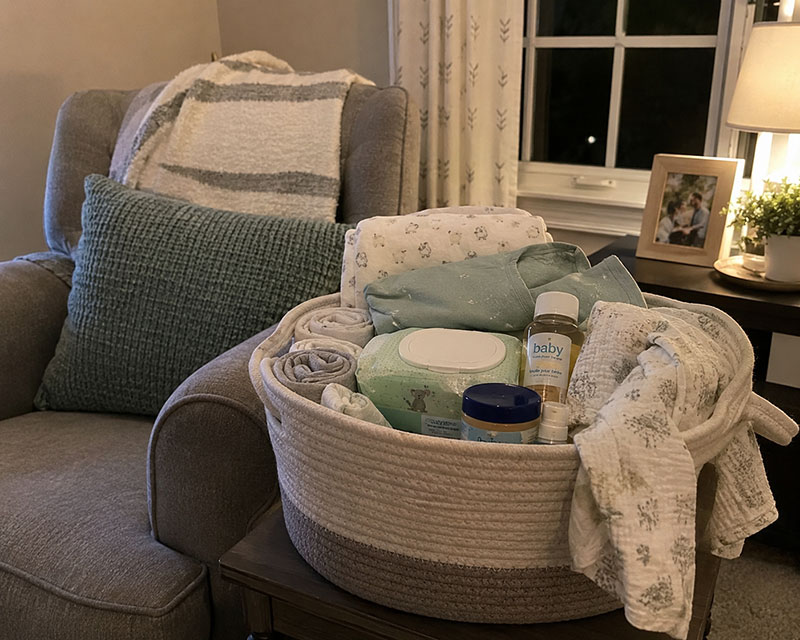 Realistic newborn baby shower gift basket with practical baby supplies arranged beside a nursery chair