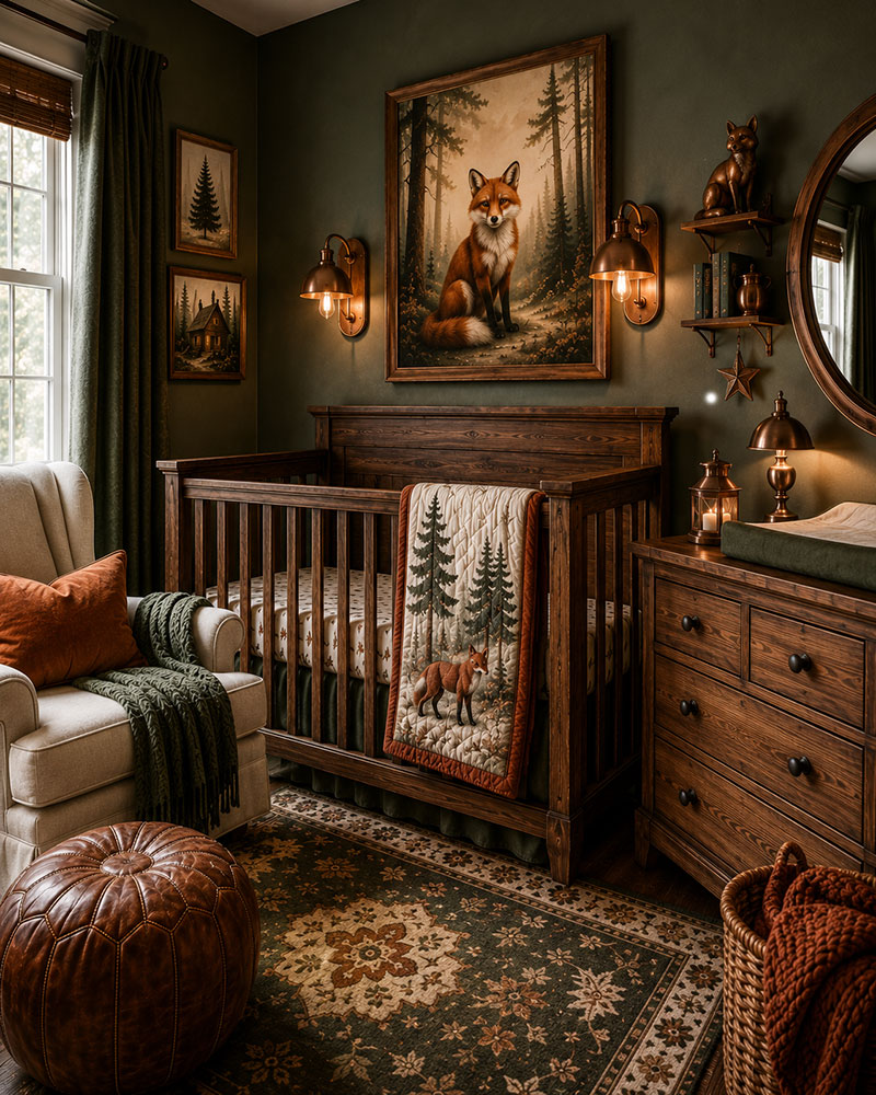 Red fox nursery wall decor above a dresser in a woodland baby room with natural wood and copper details