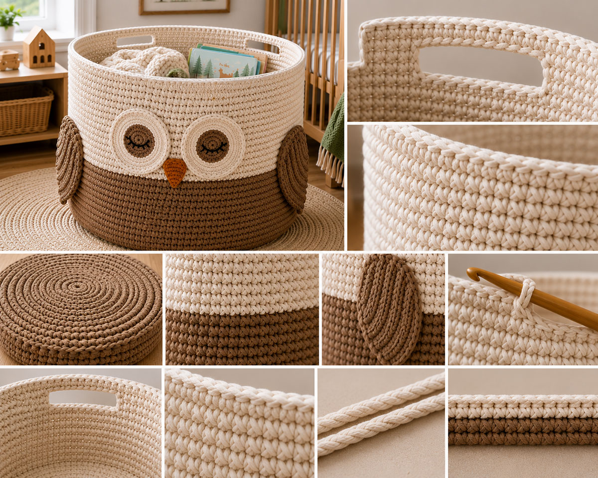 Close-up of a sturdy crochet basket showing dense single crochet, a reinforced upper rim and a securely attached raised handle