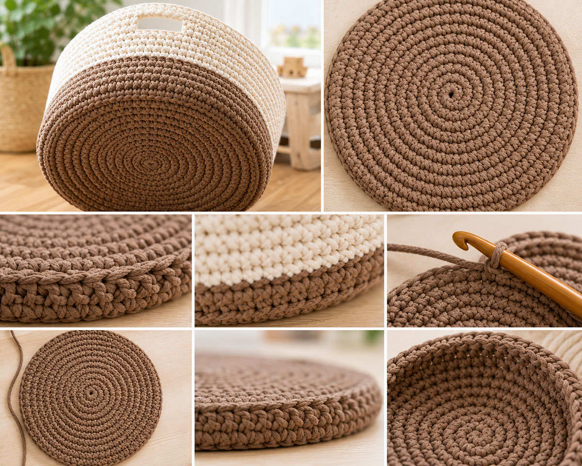 Two matching crochet basket base circles being joined to create a reinforced double-thickness base