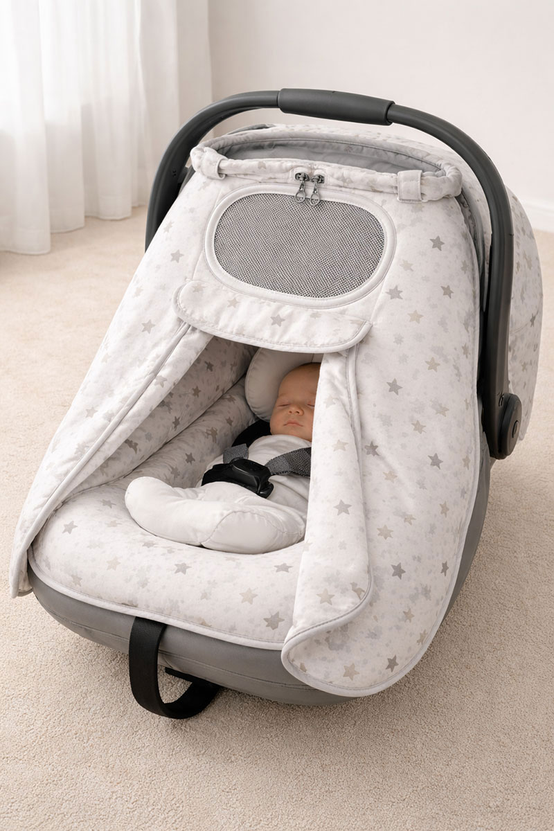 Canopy-style removable baby car seat cover over infant seat