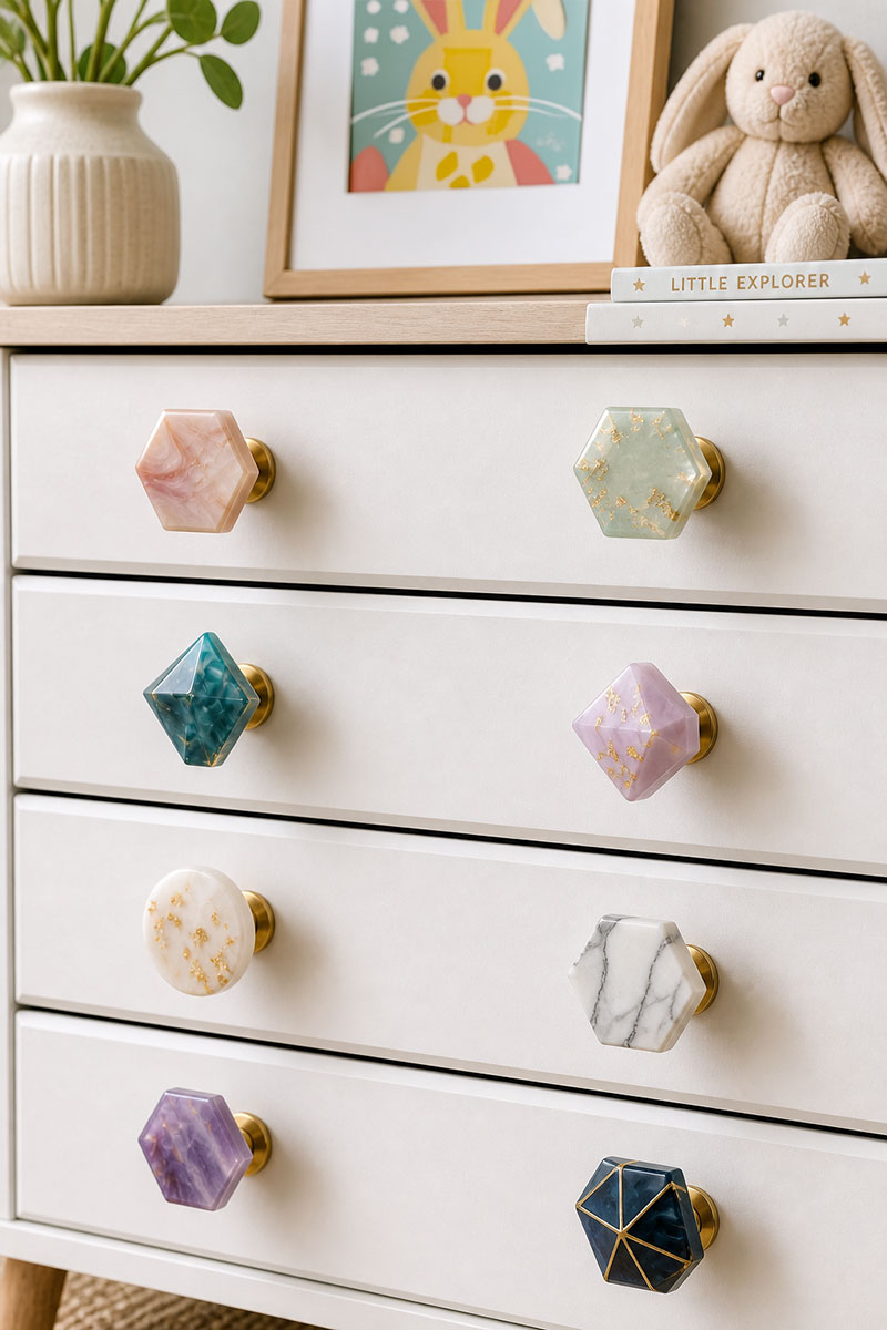 modern resin and geometric drawer knobs on a nursery dresser