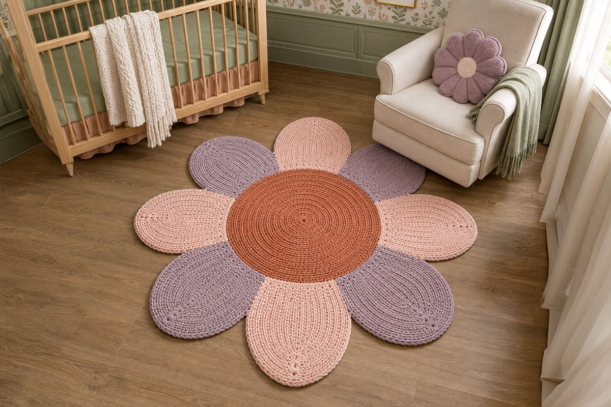 Finished retro flower crochet play mat viewed from above with a terracotta center and alternating blush and mauve petals