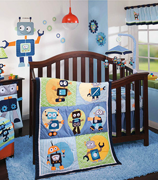 Outer space robots Jetsons cartoon themed baby nursery ideas crib set bedding