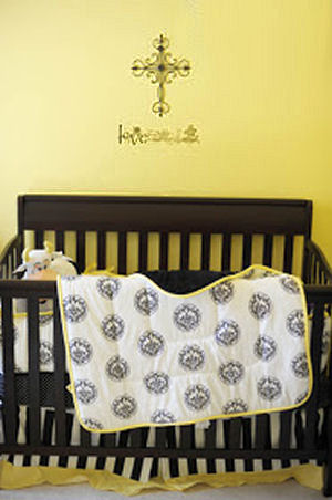 Musical rock and roll baby nursery room with black and yellow crib bedding