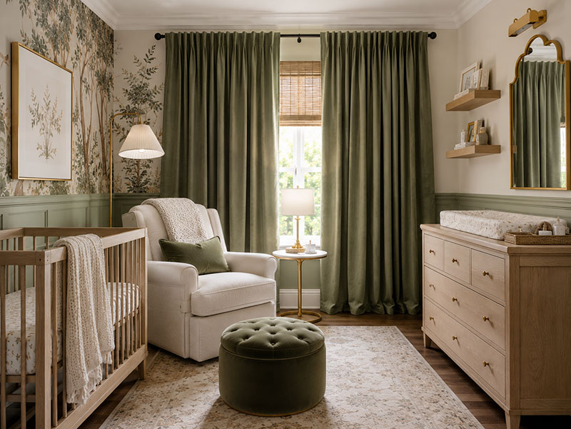 Sage green room darkening curtains in a professionally decorated nursery