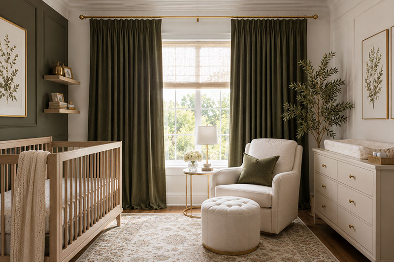 Wide curtain rod placement with room darkening nursery curtains covering the window edges