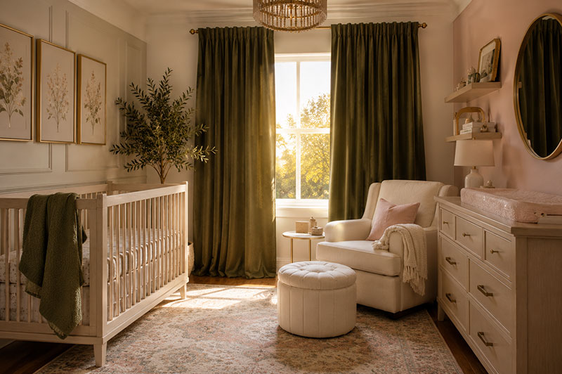 Room darkening curtains filtering afternoon sun in a nursery with the crib placed away from the window