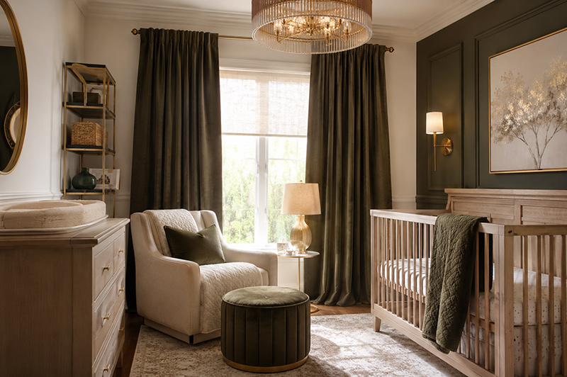 Room darkening curtains in a baby nursery with layered panels that reduce window glare for naps and bedtime