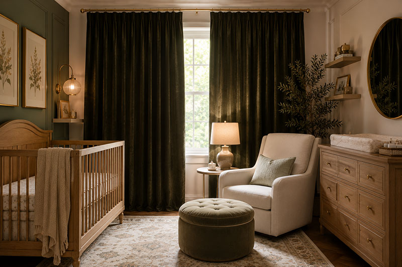 Nursery room darkening curtains closed for privacy with a reading chair away from the crib