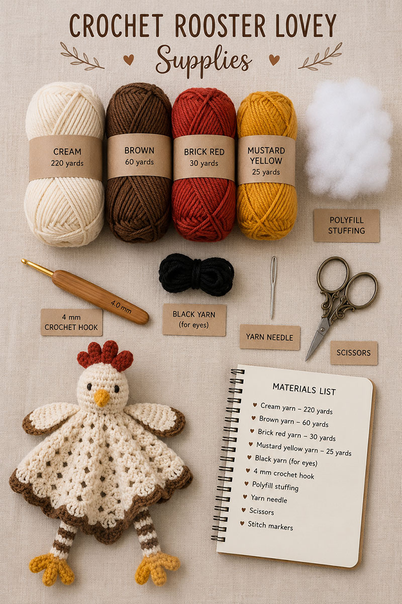 Crochet supplies for rooster baby lovey pattern