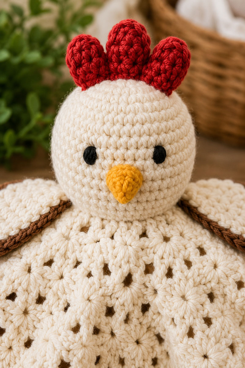 Crochet rooster lovey head detail