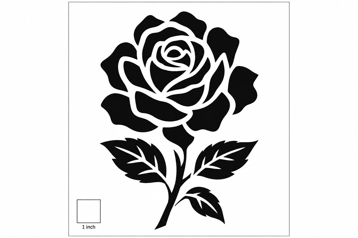 Simple printable rose stencil with bold petals, stem and leaves