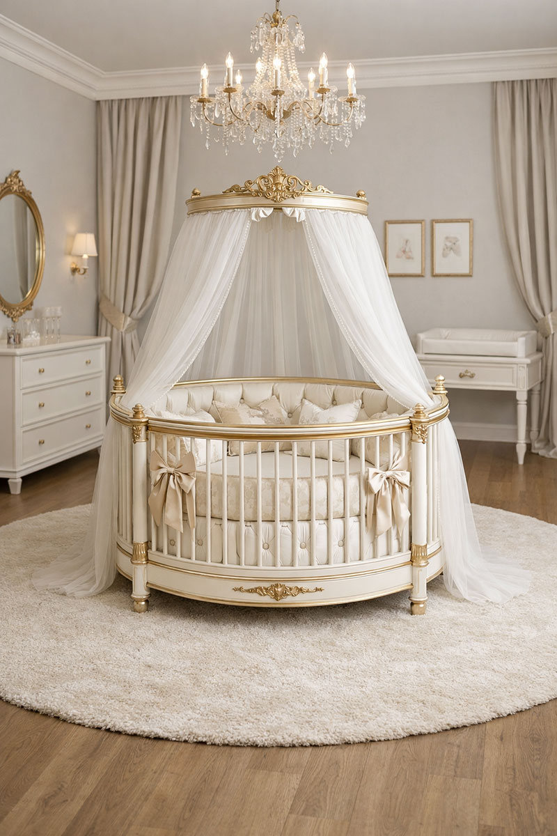 Round crib placed away from nursery walls showing central floor positioning