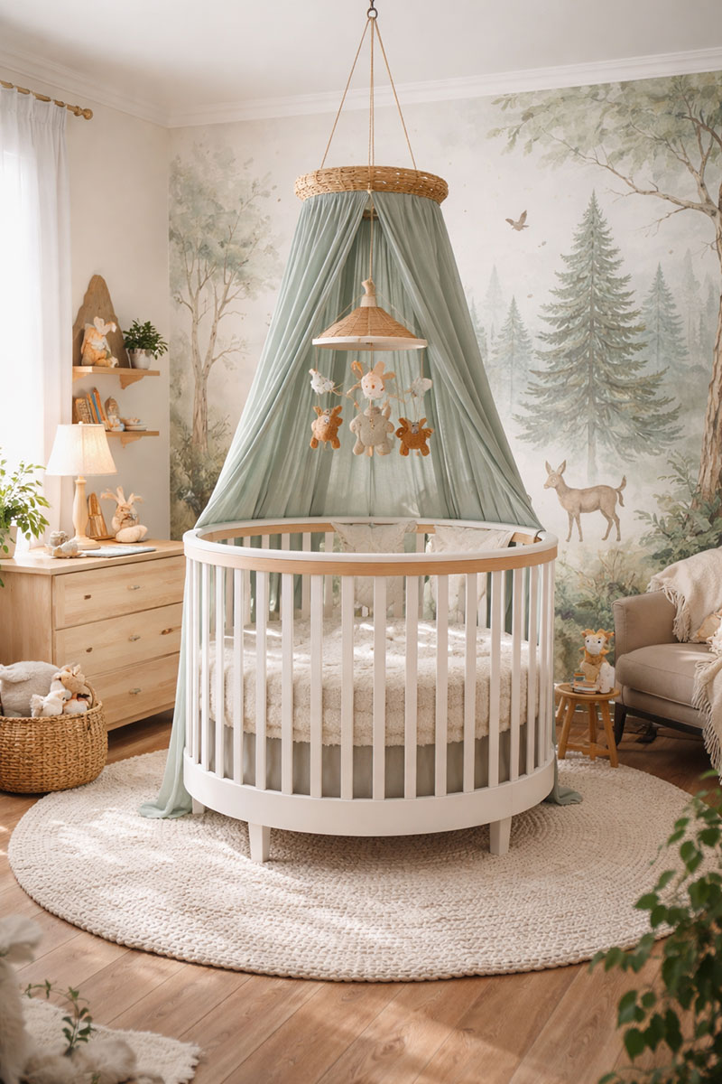 Round crib in a woodland-themed nursery with green canopy and natural wood accents