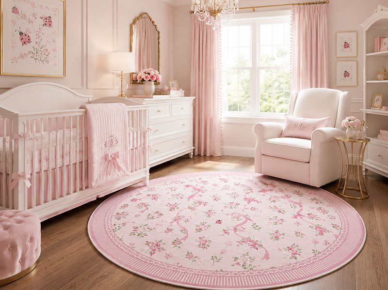Low-pile round ladybug nursery rug in a clean baby girl's room