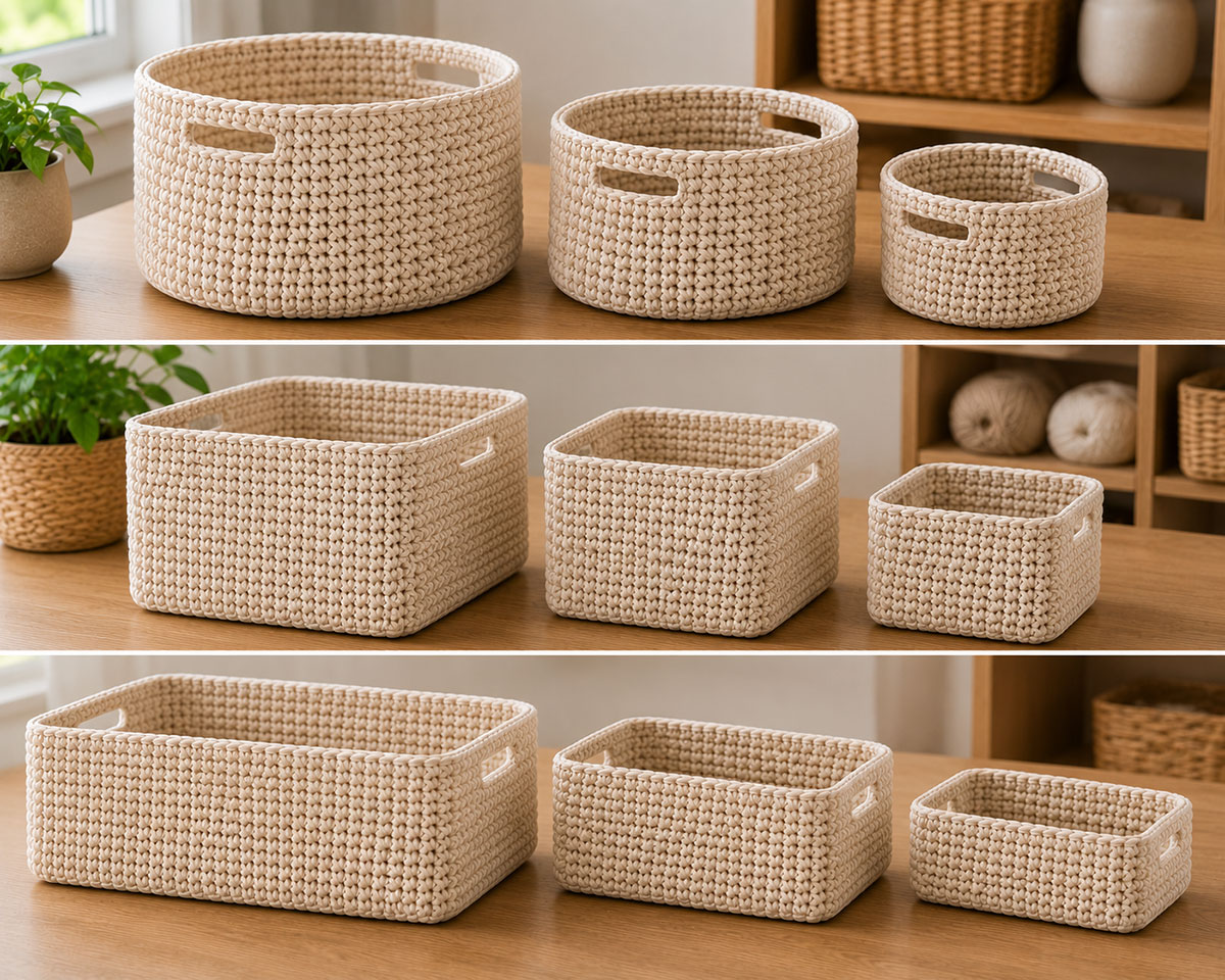 Round, square and rectangular crochet storage baskets for nursery organization