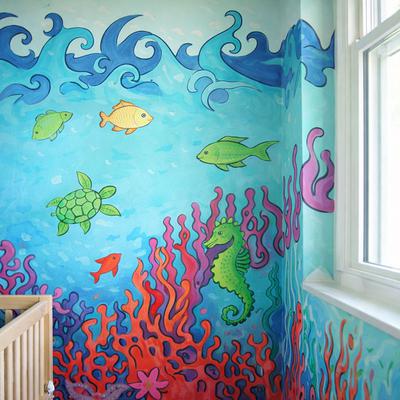 Colorful sea creatures and fish baby nursery room wall mural 