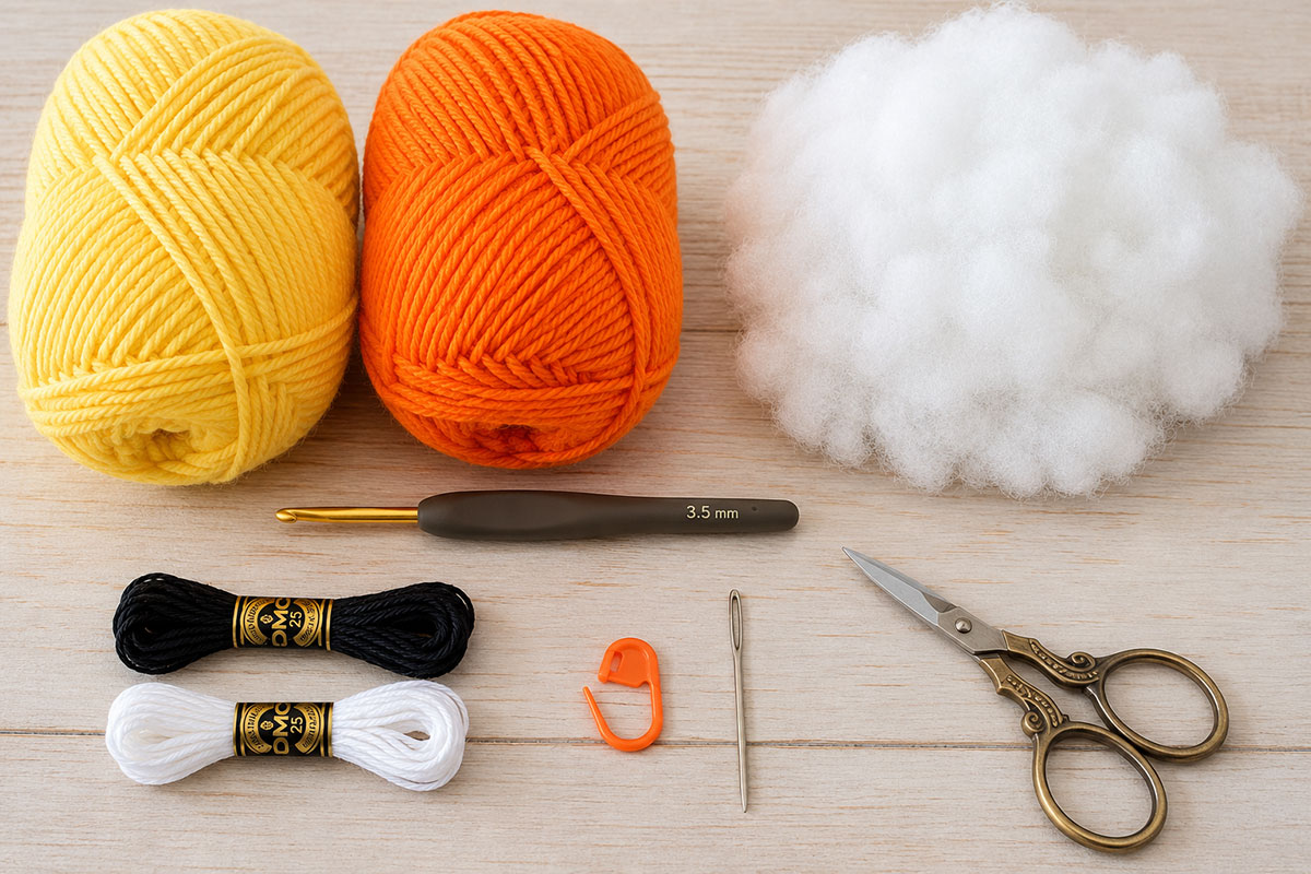 Yellow and orange yarn, crochet hook, polyester stuffing, embroidery floss, stitch marker, tapestry needle and scissors arranged for a crochet rubber duck pattern