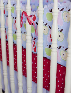 red polka dot crib sheet baby nursery bedding apple green pink yellow pears