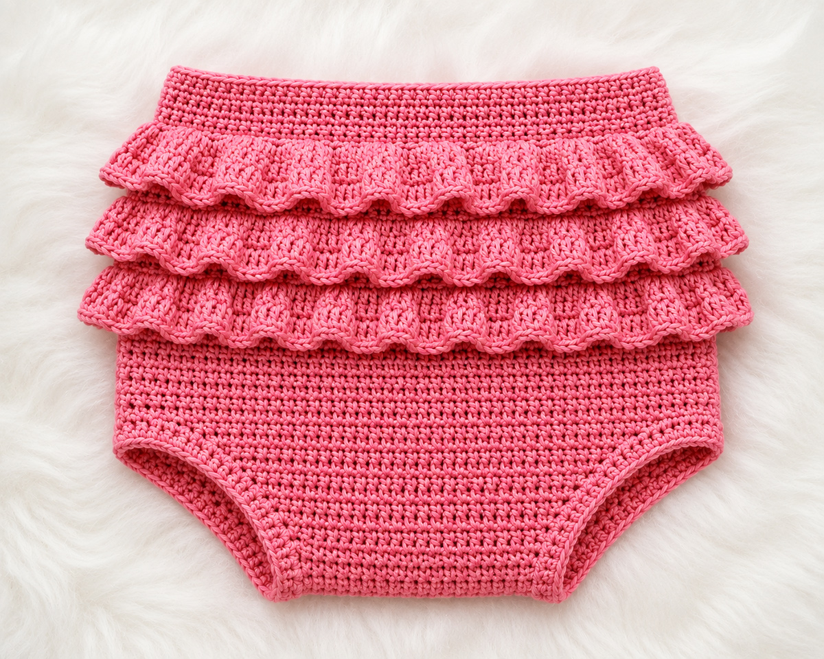 Finished ruffled crochet diaper cover with three rows of layered crochet ruffles across the back