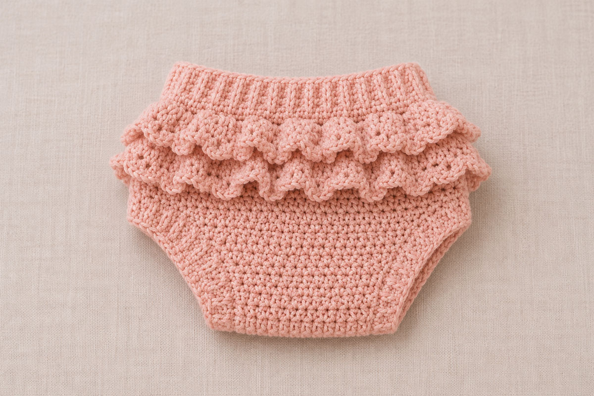 Ruffled crochet baby diaper cover shown from the back with layered crochet ruffles