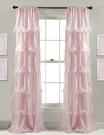 Sheer floor length pink ruffled curtains for a baby girl nursery