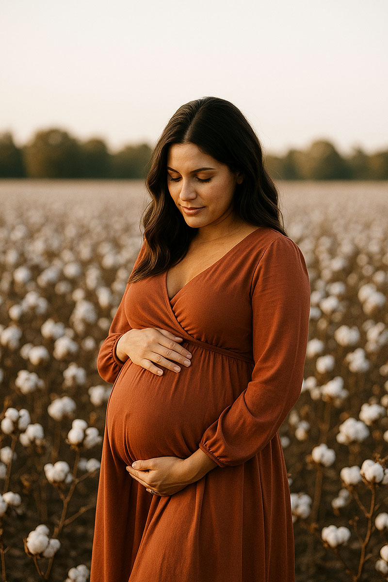 Expectant mother in a rust maternity gown standing in a cotton field during a fall maternity photoshoot
