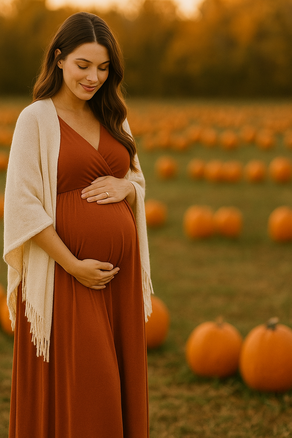 Pregnant woman in a rust maxi gown with a cream shawl standing in a pumpkin patch