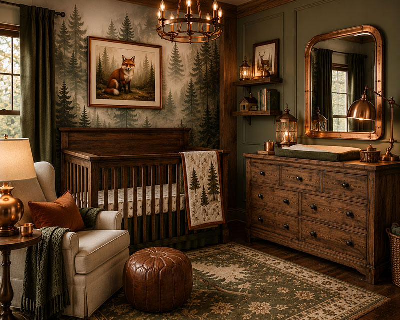 Rustic wood fox woodland nursery decor with copper picture frames, a walnut dresser, and forest nursery details
