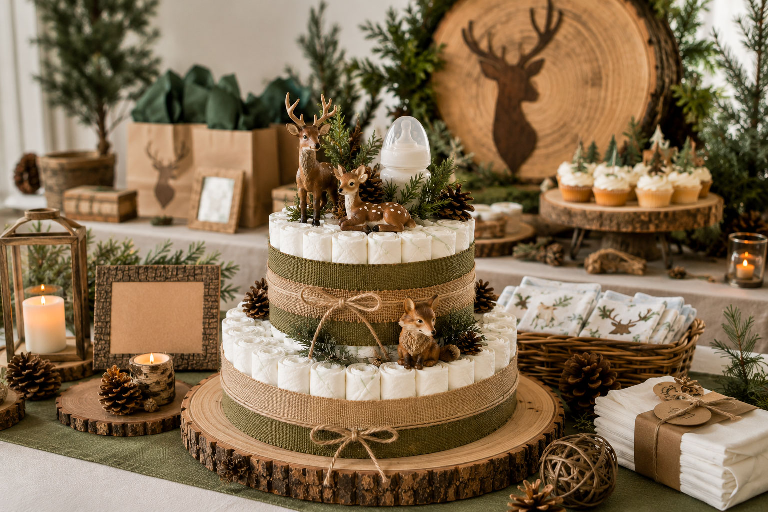 Rustic forest baby shower table with woodland diaper cake centerpiece and neutral decor