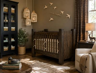 Rustic style baby nursery room with homemade wooden crib 