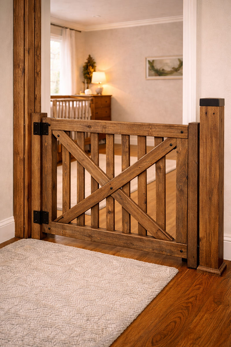 Rustic wood baby gate installed at the base of a staircase
