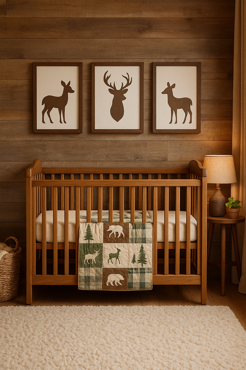 Rustic woodland baby nursery with warm forest textures and natural wood accents