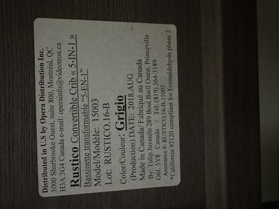 Rustico Convertible Crib 5-in-1 Manufacturer Label