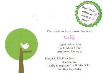 Custom Pink and Green Birdy Baby Shower Invitations by Serena Baker of Rylie Boo