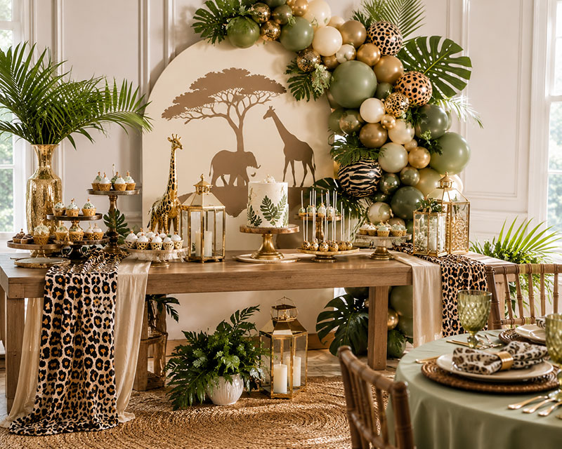 Safari baby shower animal print decor with leopard accents, neutral styling, and layered serving pieces