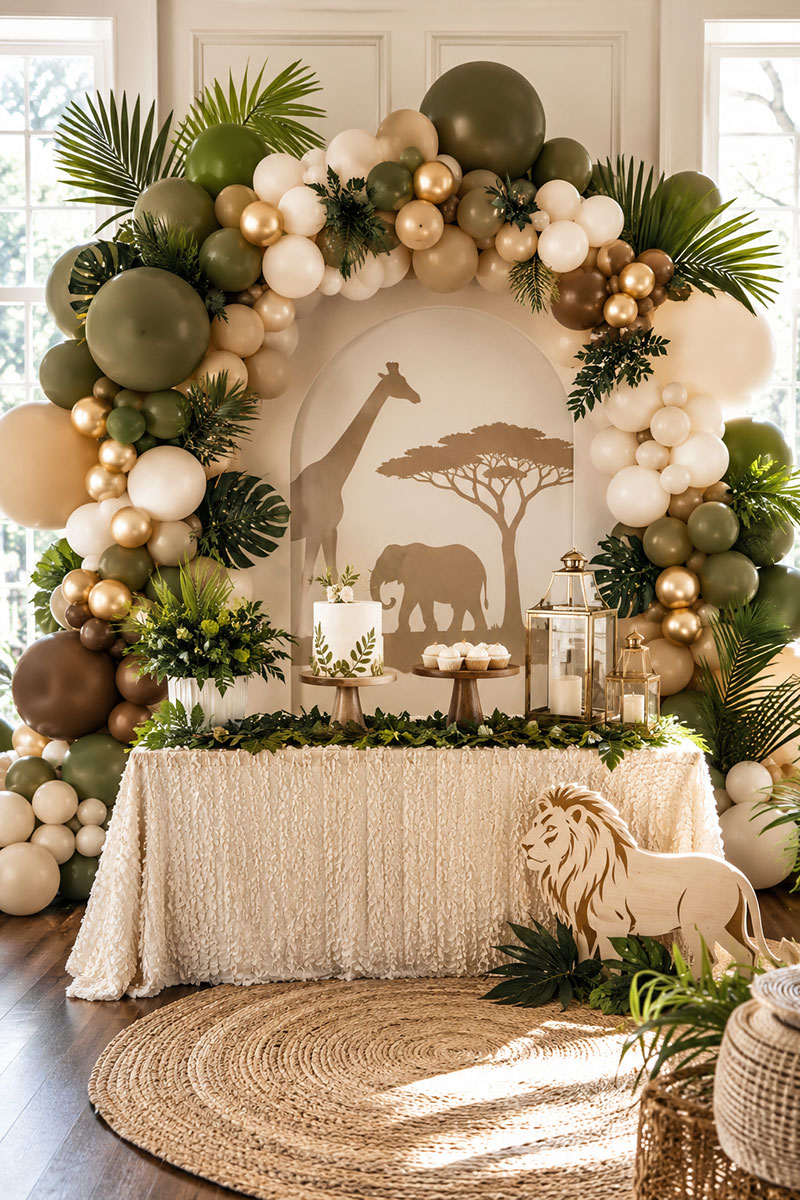 Safari baby shower balloon wall with safari animal accents and coordinated neutral colors