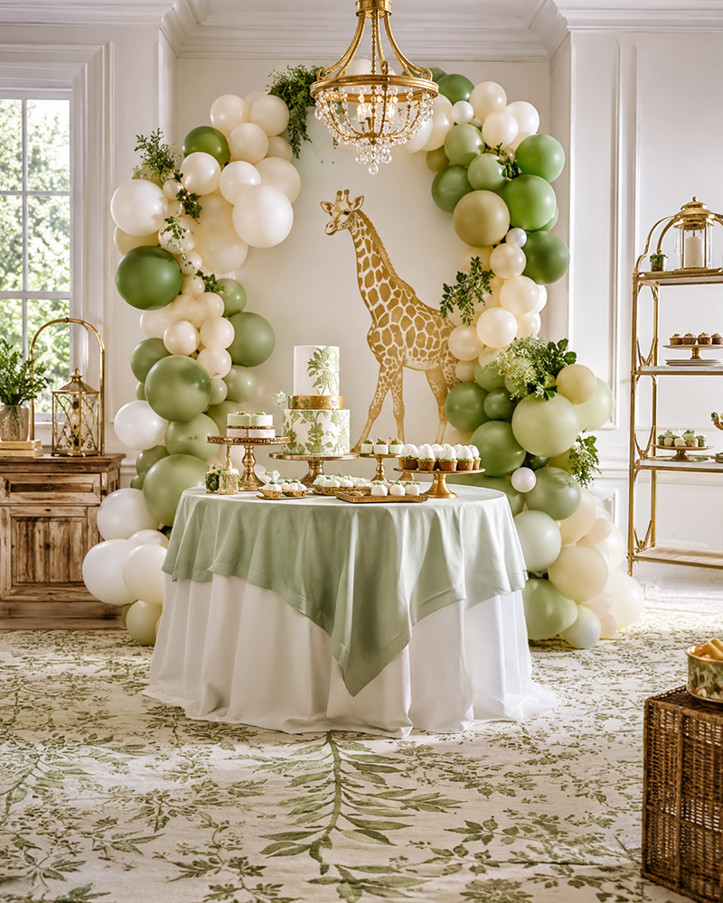 Safari baby shower decorations with jungle greenery, animal accents, balloons, and a decorated dessert table