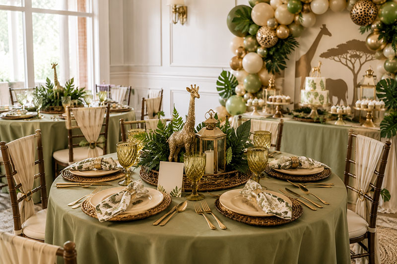 Safari baby shower table styling with animal accents, layered runners, and coordinated neutral place settings